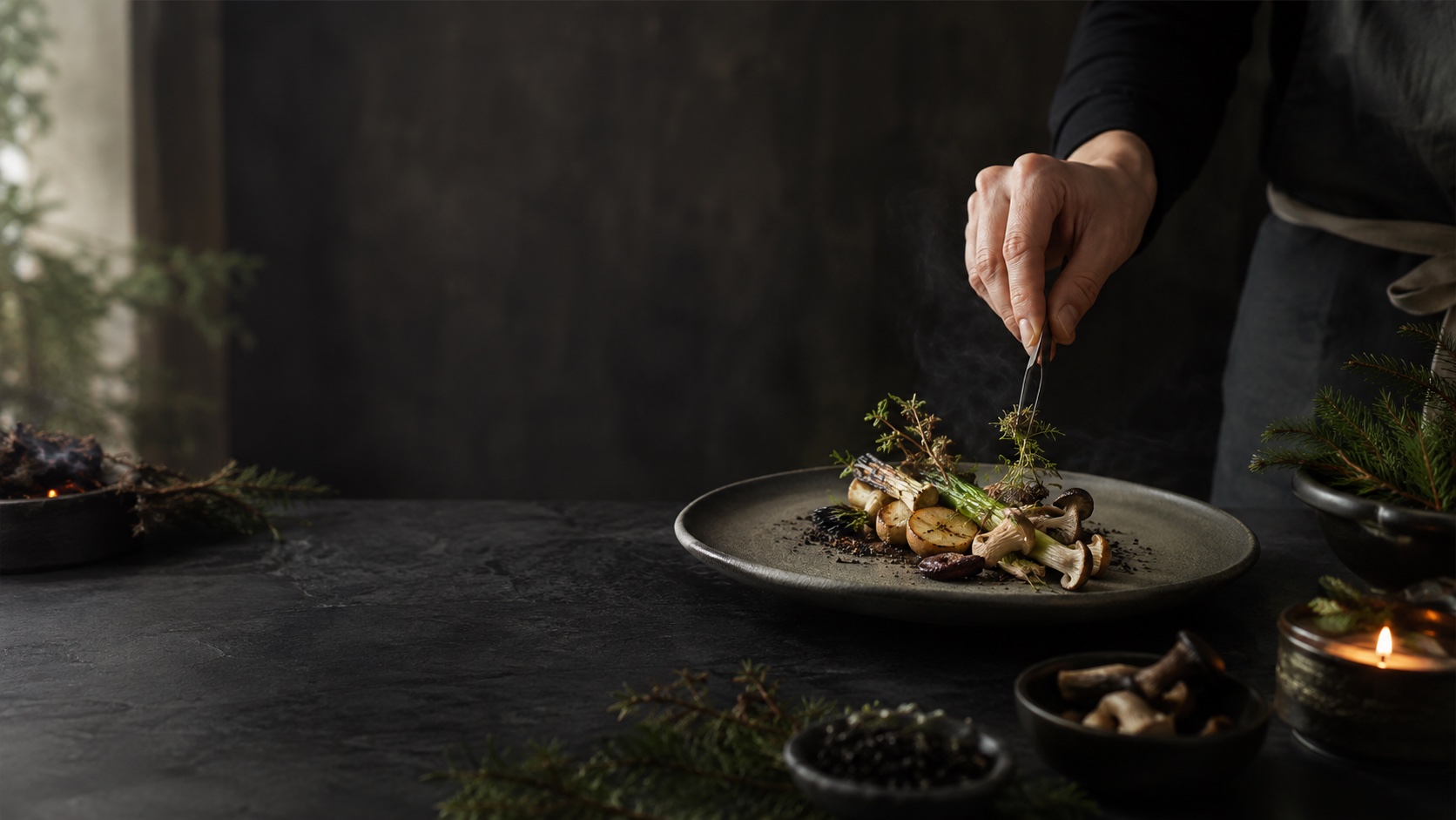 A plant-based seasonal dish being finished with herbs, mushrooms, smoke, and Nordic forest notes