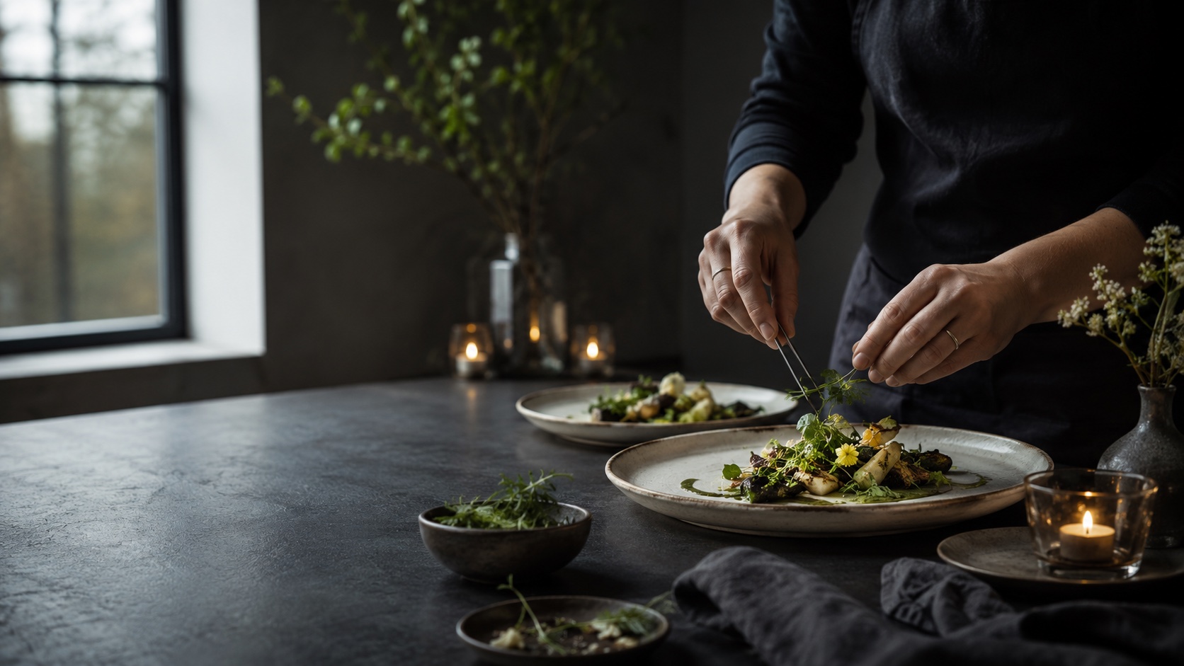Chef hands calmly finishing a plant-based dish for Ardor Atelier catering service
